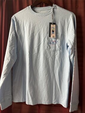 Vineyard vines Kentucky Derby Blue Long-Sleeve Pocket Tee - Nautical Style, XS